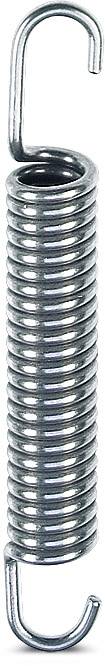 Metallische Spiralfeder mit Haken an beiden Enden, vertikal ausgerichtet.