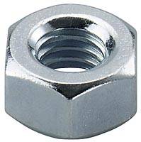 Metallische Sechskantmutter mit innenliegendem Gewinde, für Verbindungen mit Bolzen oder Schrauben, in silberner Farbe.