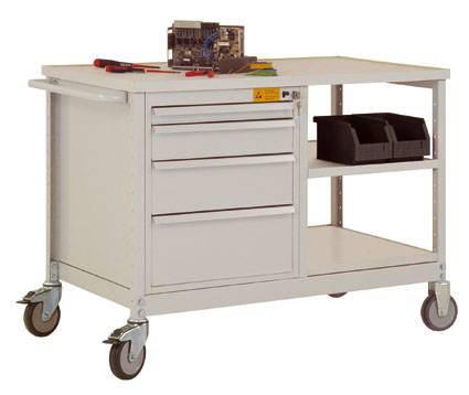 Manuflex LW1001.0002 ESD Mobiler Tischwagen mit 2 Einlegeböden Melamin lichtgrau leitfähig 25mm Abdeckplatte,mit Abrollrand