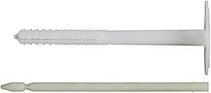 Zwei weiße Kunststoffteile: Oben ein langer Dübel mit Schraubgewinde, unten ein passender Stift. Beide liegen nebeneinander.