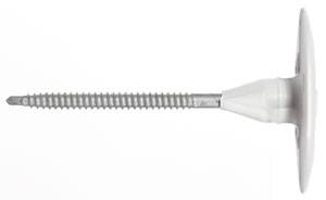 Metallschraube mit großem Kunststoffkopf für Befestigungen, horizontal liegend auf weißem Hintergrund.