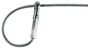 Stahlseil mit einer Schlaufe und einem metallischen Verbinder zur Sicherung oder Befestigung von Gegenständen.