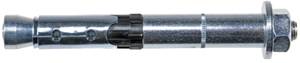 Metallischer Ankerbolzen, bestehend aus expandierbarem Zylinder, Gewindebolzen und Sechskantmutter, für feste Befestigungen.