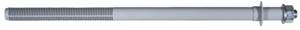 Eine lange, graue Metallstange mit geriffelter Oberfläche und einer Mutter am Ende. Dient zur Befestigung oder als Bauteil in Konstruktionen.