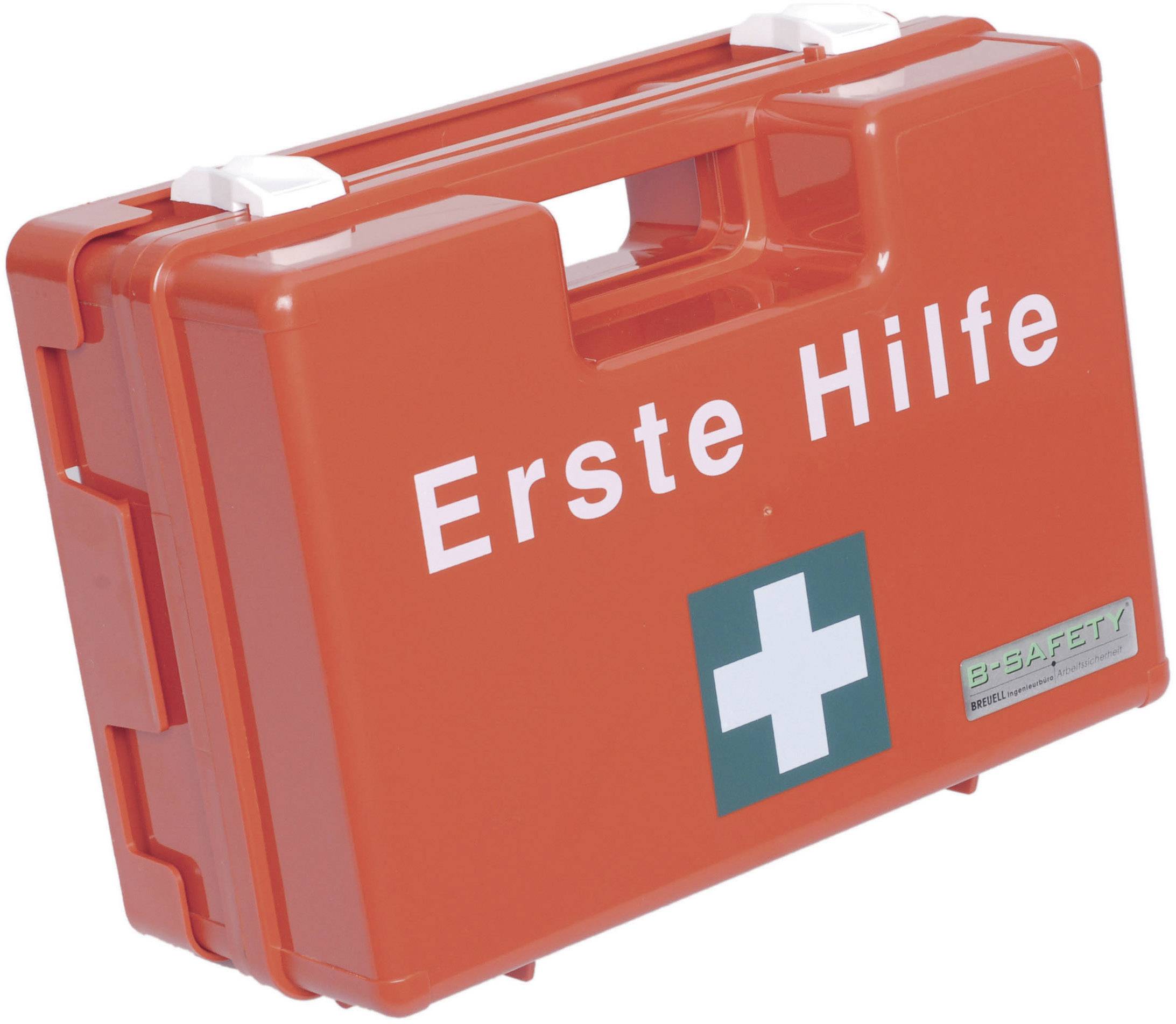 Roter Erste-Hilfe-Kasten mit weißem Kreuz und der Aufschrift 'Erste Hilfe', geeignet für Notfälle.