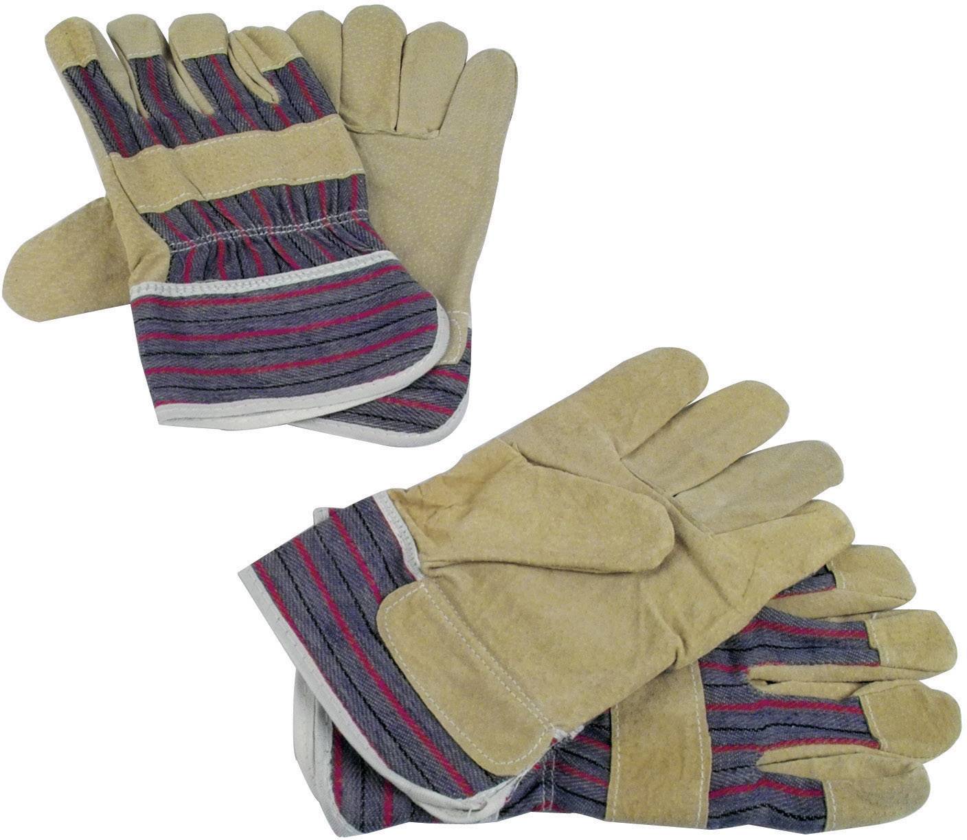 Zwei Paar Arbeitshandschuhe aus beigem Leder mit gestreiftem Stoffeinsatz, geeignet für handwerkliche Tätigkeiten.