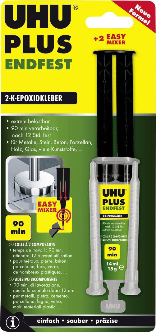 Verpackung eines 2-Komponenten-Epoxidklebers 'UHU Plus Endfest' mit 90 Minuten Aushärtezeit. Enthält zwei Easy Mixer und eignet sich für Metall, Stein und mehr.