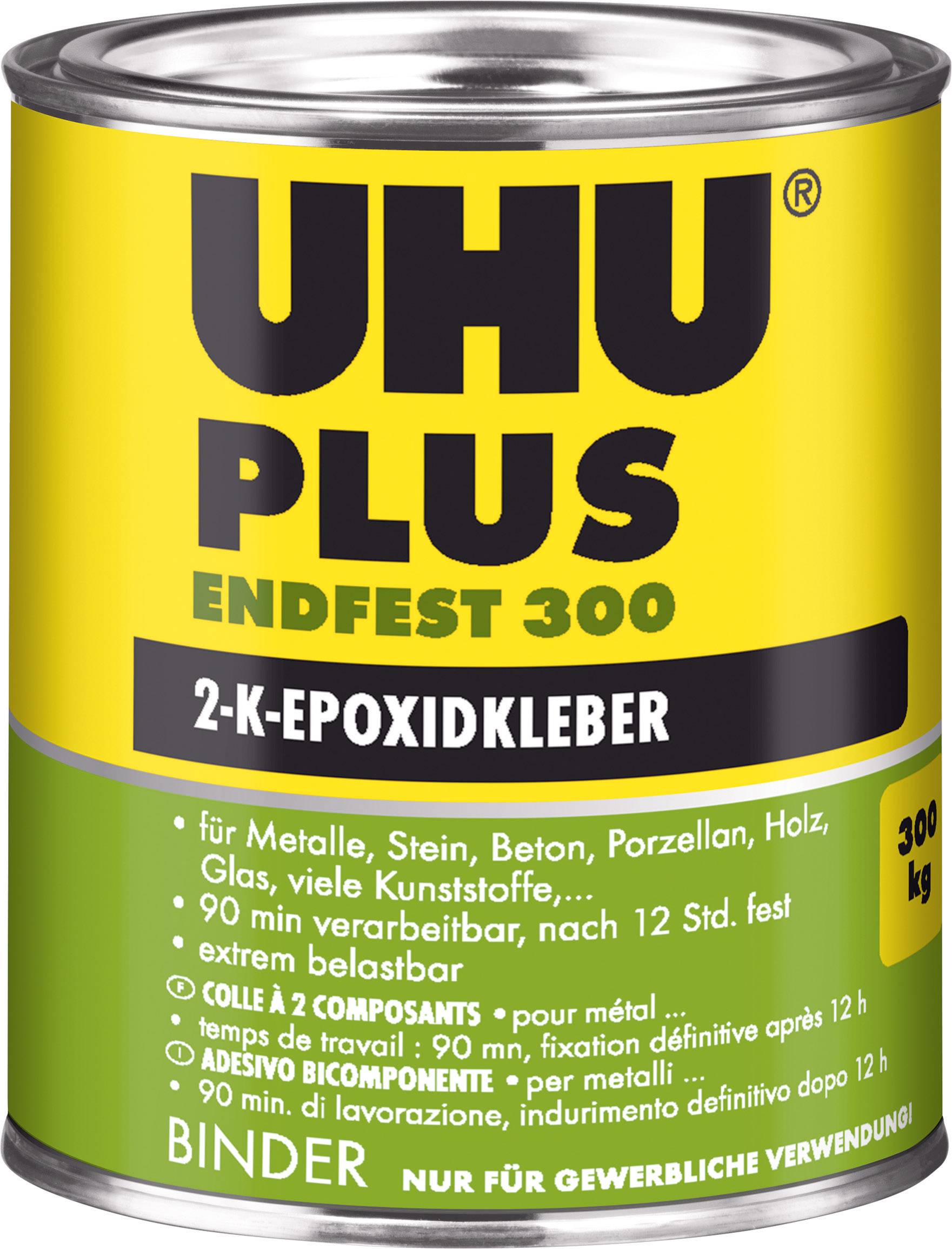 Dose mit UHU PLUS ENDFEST 300, einem 2-Komponenten-Epoxidkleber für Metalle, Stein, Beton, Porzellan, Holz, Glas und Kunststoffe.