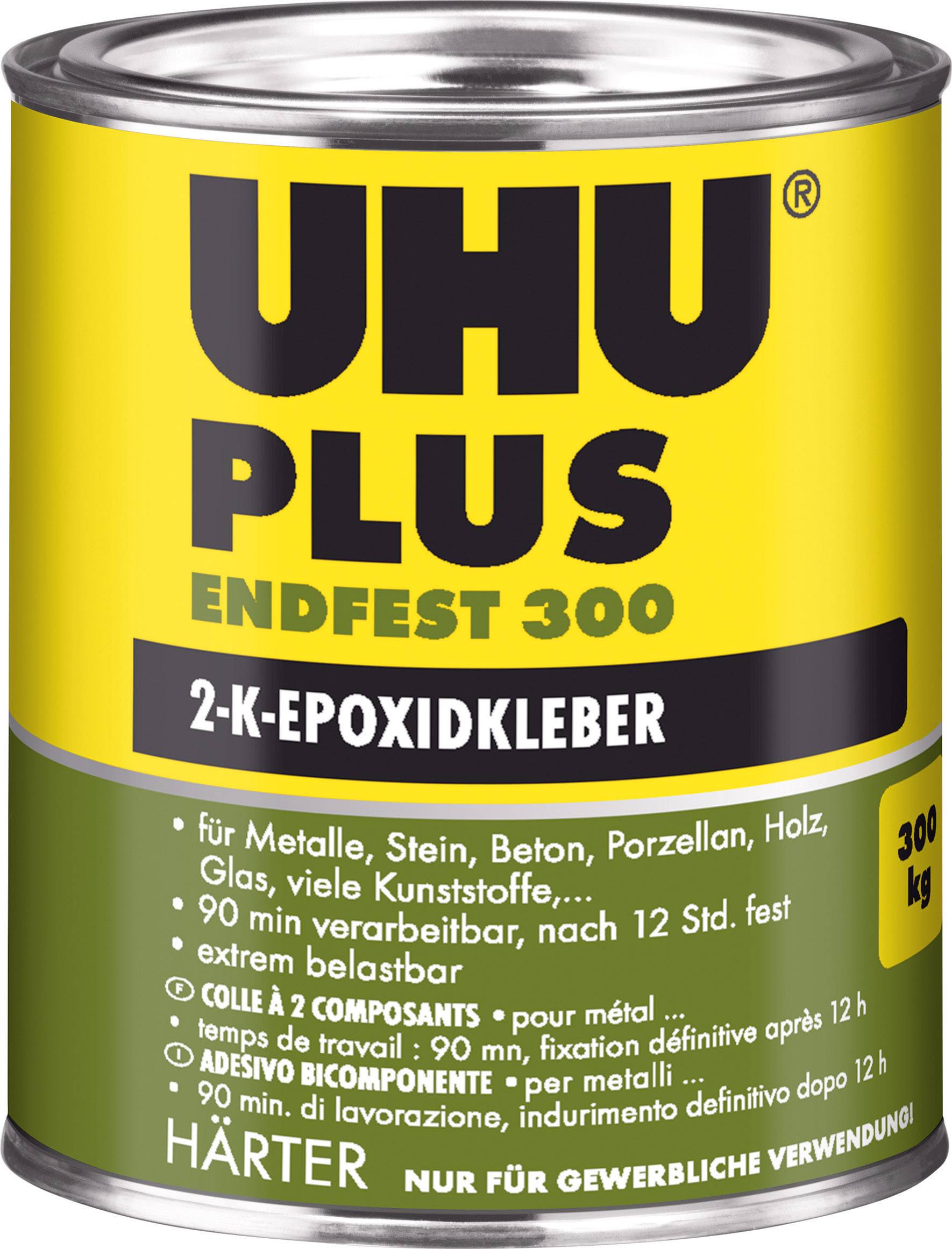 Eine Dose UHU Plus Endfest 300, ein 2-Komponenten-Epoxidkleber. Geeignet für Metalle, Stein, Beton, Porzellan, Holz und Kunststoffe.