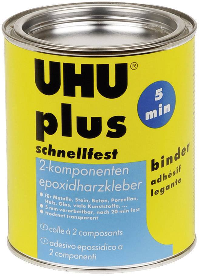 Dose Kleber mit Aufschrift 'UHU plus schnellfest', 5 Minuten Trocknungszeit, geeignet für Materialien wie Metall, Stein und Holz.