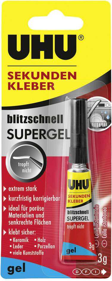 'UHU Sekundenkleber blitzschnell Supergel', 3g Tube. Extrem stark, ideal für poröse Materialien. Bleibt kurz korrigierbar, tropft nicht.