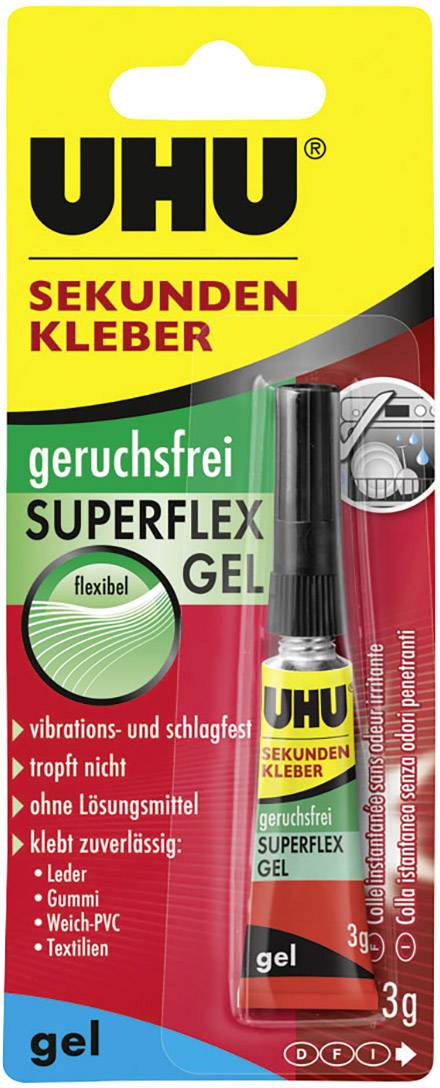 Verpackung eines UHU Sekundenklebers 'geruchsfrei SUPERFLEX GEL', flexibel, 3g. Ideal für Leder, Gummi, Weich-PVC, Textilien.