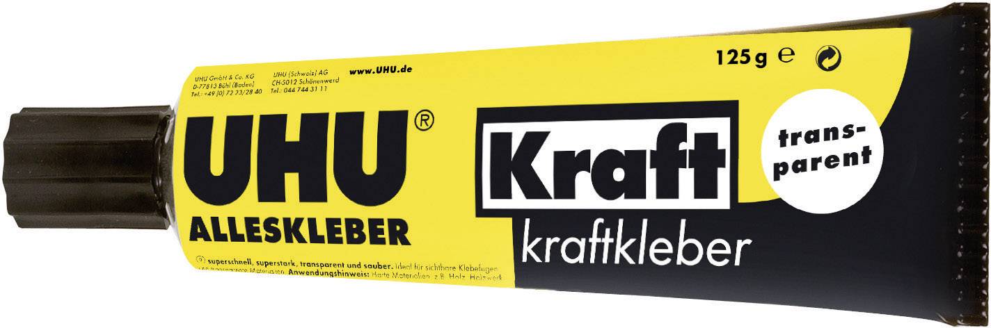 Eine Tube UHU Alleskleber, 125g, transparent. Verpackung ist schwarz und gelb mit Aufschrift 'Kraft kleber'.
