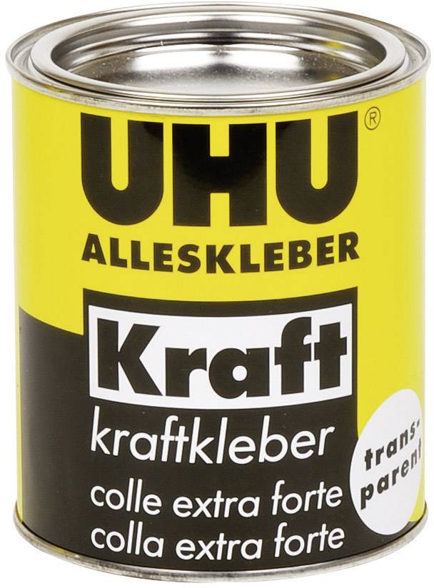 Dose UHU Alleskleber Kraft, ein starker, transparenter Kleber für verschiedene Materialien. Etikett in Gelb und Schwarz.
