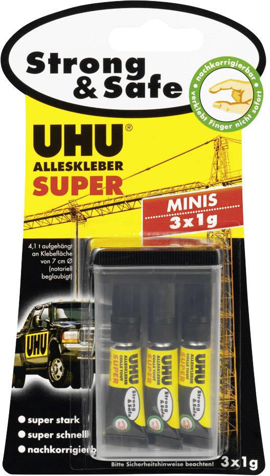 Verpackung von UHU Alleskleber Super Minis, 3x1g Tuben. Starker, schneller Kleber, nachkorrigierbar. Label: nachkorrigierbar.