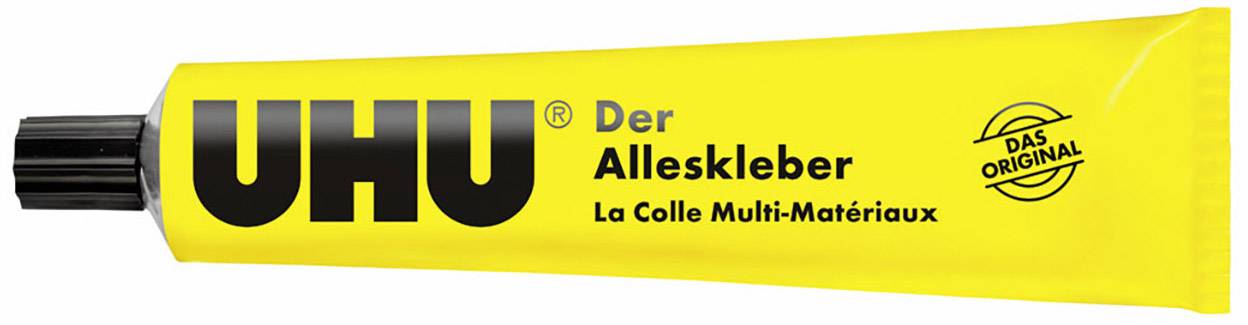 Gelbe Tube mit der Aufschrift 'UHU Der Alleskleber', darunter 'La Colle Multi-Matériaux'.