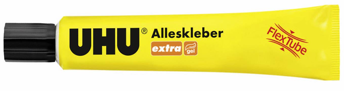 Gelbe Tube UHU Alleskleber mit schwarzem Deckel. Aufschrift: 'UHU Alleskleber extra gel'. Markenlogo und Hinweis 'FlexTube'.