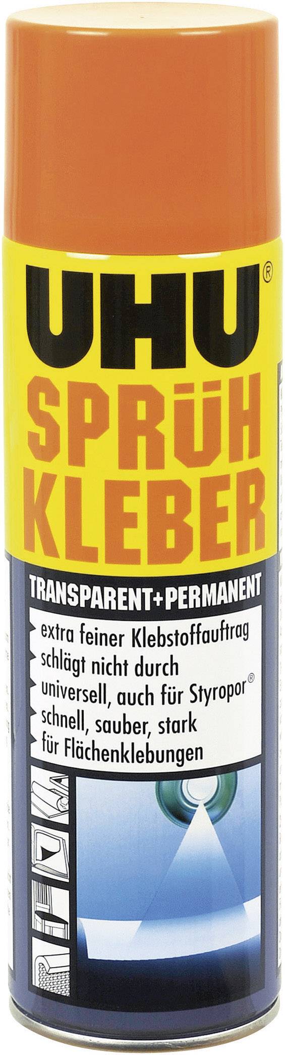 Sprühdose UHU Sprühkleber, transparent und permanent. Geeignet für Flächenklebungen, sauber und stark. Extra feiner Klebstoffauftrag.