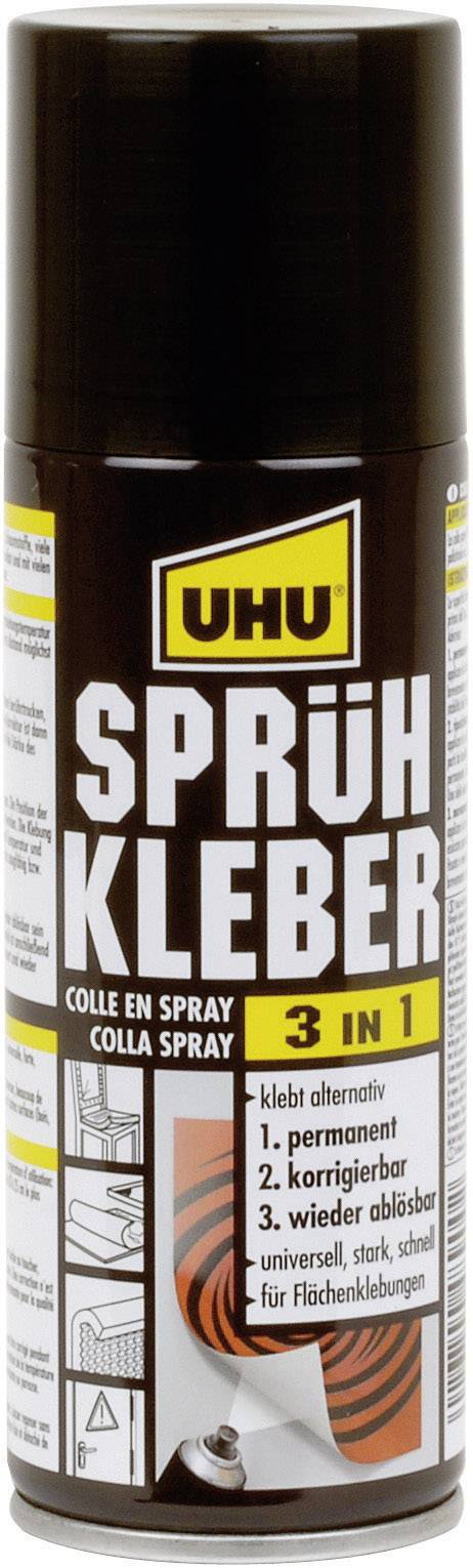 Sprühdose von UHU Sprühkleber 3-in-1, geeignet für permanente, korrigierbare und wiederablösbare Anwendungen auf verschiedenen Oberflächen.