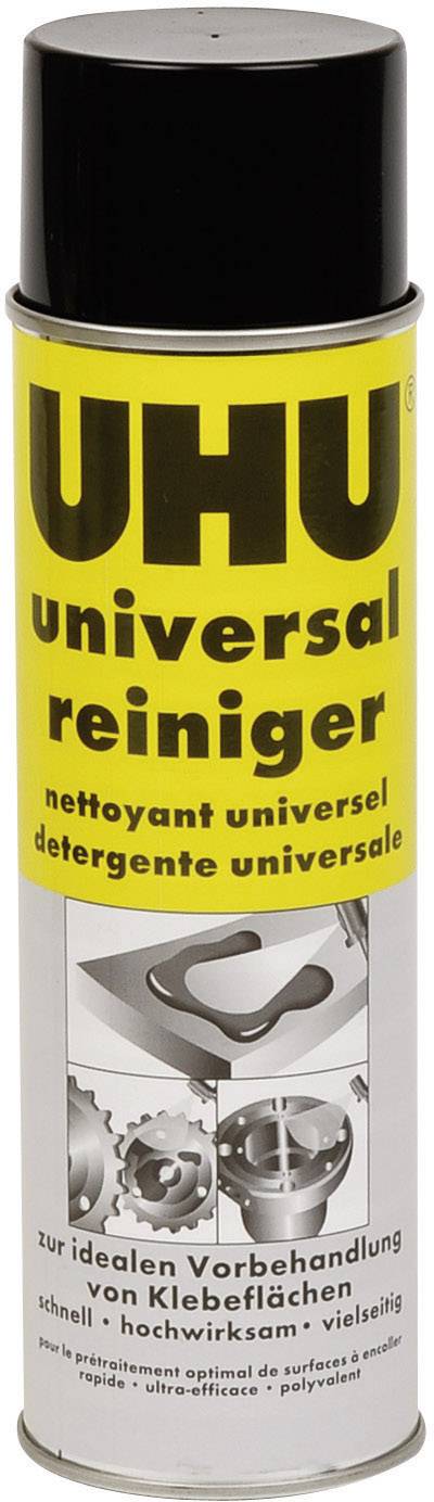 Sprühdose mit der Aufschrift 'UHU universal reiniger'. Verwendet zur Vorbehandlung von Klebeflächen. Enthält Bilder von Zahnrädern.