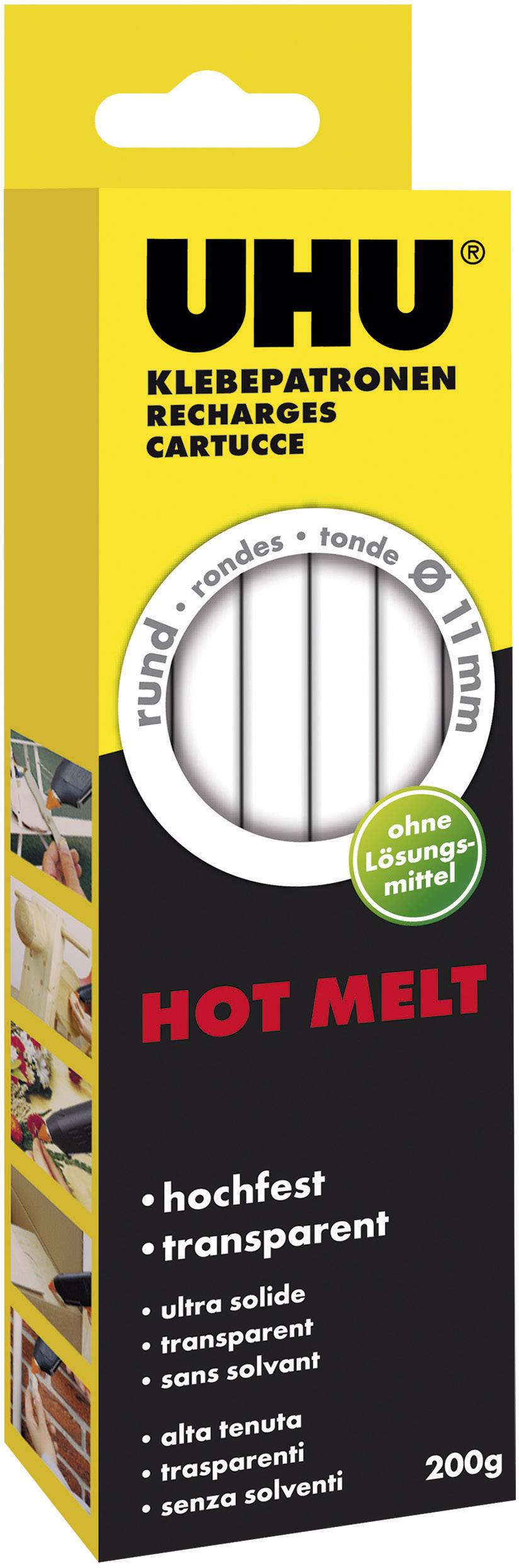 UHU Klebepatronen Hot Melt, hochfest und transparent, 11mm Durchmesser, 200g Packung. Ohne Lösungsmittel, rund.