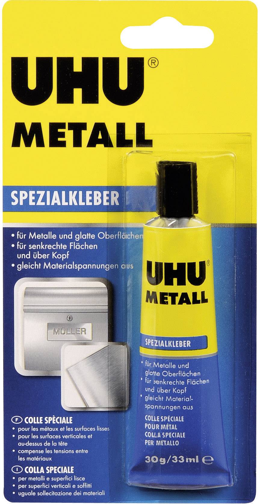 'Tube UHU Metall Spezialkleber 30g' auf gelbem Karton. Kleber eignet sich für Metalle und glatte Oberflächen, enthält Anwendungstipps.