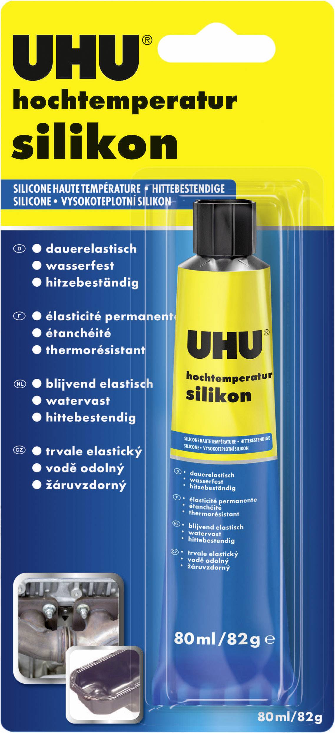 Verpackung von UHU Hochtemperatur Silikon, 80ml. Text betont Hitzebeständigkeit, Elastizität und Wasserfestigkeit des Silikons.