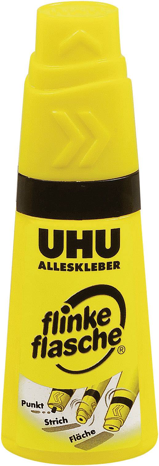 Gelbe Flasche mit der Aufschrift 'UHU Alleskleber flinke flasche'. Kleber für Punkt, Strich, Fläche.