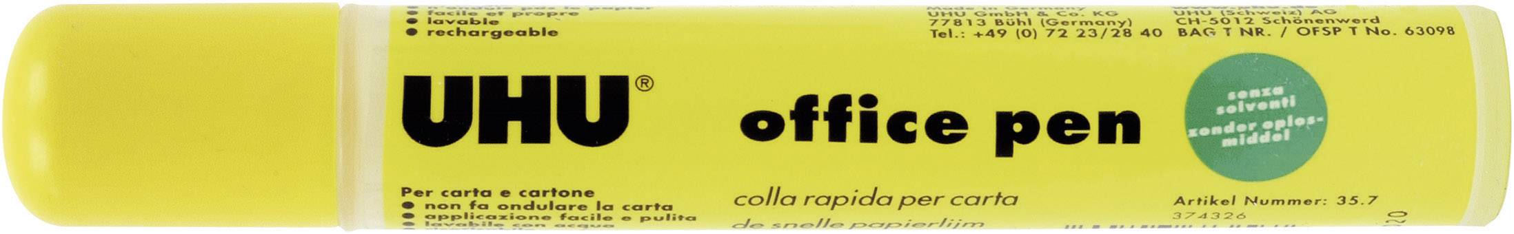 Gelber Klebestift mit der Aufschrift 'UHU office pen'. Enthält Anweisungen in mehreren Sprachen und grüne Markierung 'made in Germany'.