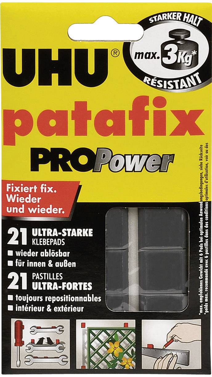 Verpackung für UHU patafix PRO Power. Enthält 21 ultra-starke Klebepads, geeignet für Innen- und Außenbereich, maximal 3 kg Halt.