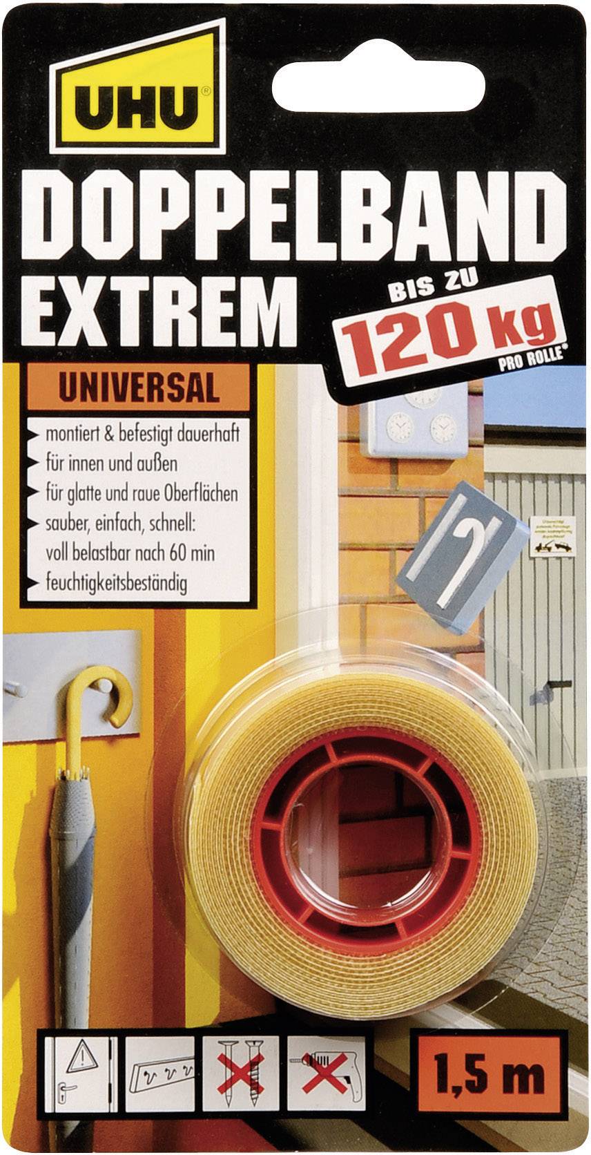Doppelseitiges Klebeband von UHU, extrem stark, trägt bis zu 120 kg, 1,5 m lang, universell einsetzbar, feuchtigkeitsbeständig.