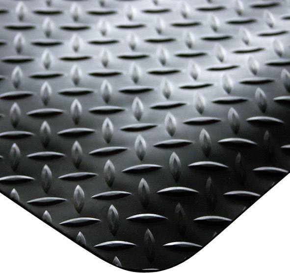 Ein schwarzer Riffelblechboden mit einem diagonalen Karomuster, das für Rutschfestigkeit sorgt.