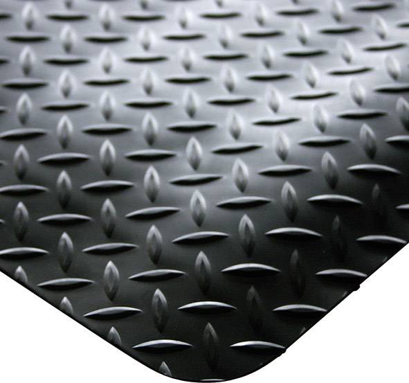 Schwarze Rautenmuster-Oberfläche aus Metall in Nahaufnahme, oft für rutschfeste Böden oder industrielle Anwendungen verwendet.