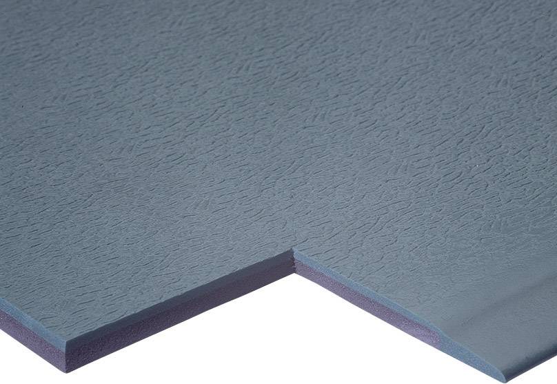 Ein dunkelblaues, texturiertes Materialstück mit einer abgeschrägten Kante, zeigt Detail der Oberflächenstruktur.