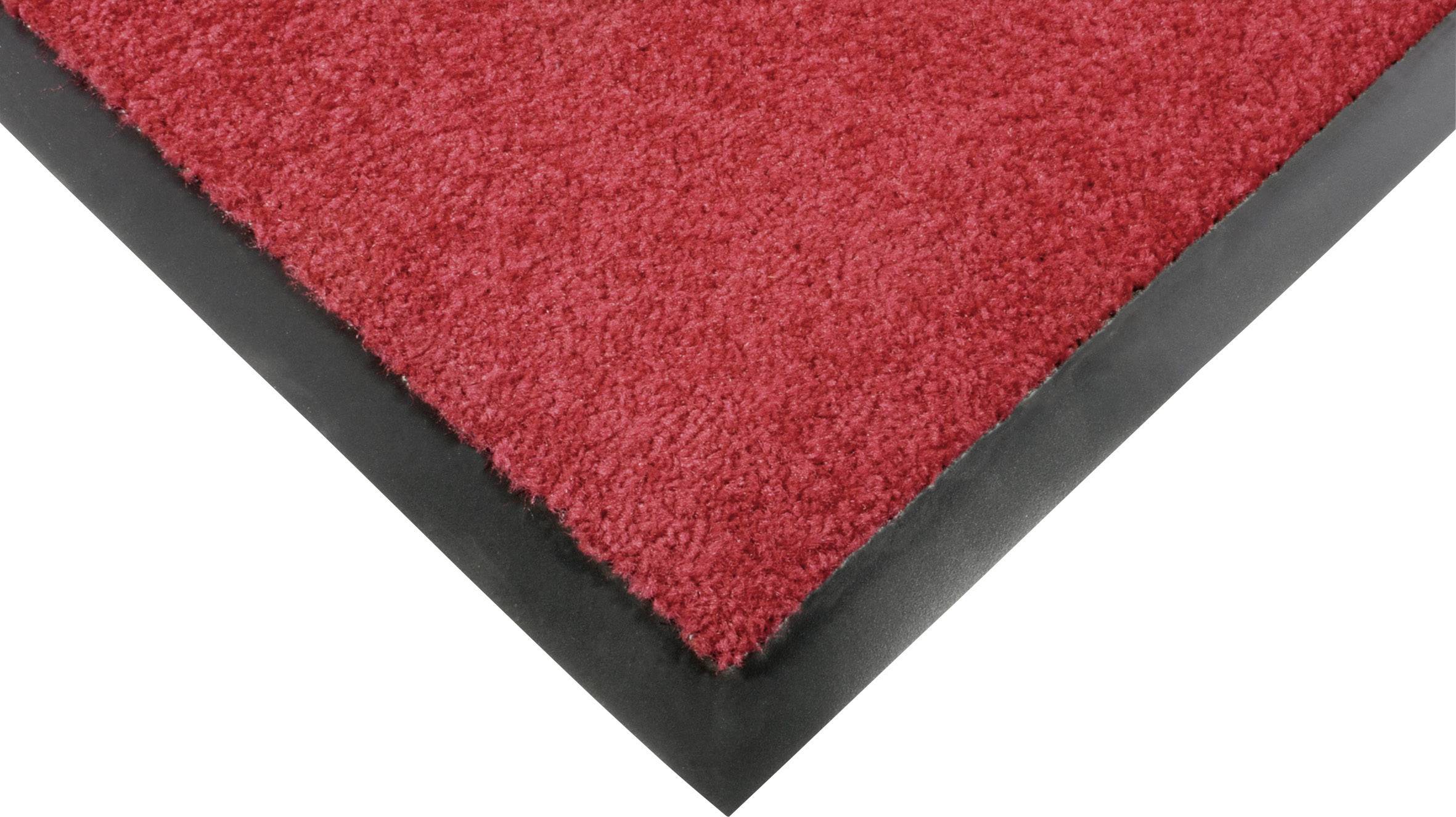 Rote Fußmatte mit schwarzem Rand, Ansicht der unteren Ecke. Geeignet für Eingangsbereiche, bietet rutschfesten Halt.