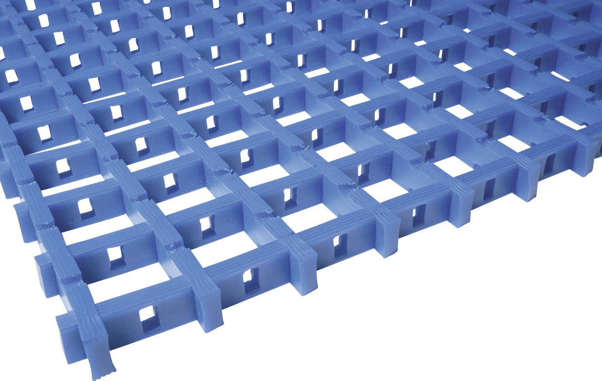 Blaue, gitterartige Kunststoffplatte mit quadratischen Öffnungen. Sie dient zur Belüftung oder Entwässerung in industriellen Anwendungen.