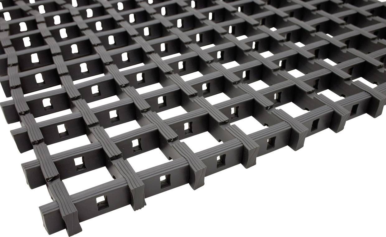 Ein Kunststoffgitter mit quadratischen Öffnungen, geeignet für den Einsatz als Bodenmatte oder Drainagesystem.