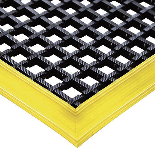 Rutschfestes Gitter mit schwarzer Oberfläche und gelbem Rand für Sicherheitsanwendungen. Geeignet für industrielle oder gewerbliche Nutzung.