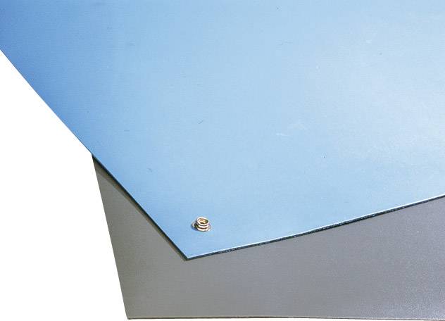 Eine blaue Schreibtischunterlage mit einer Metallniete auf einer grauen Oberfläche.