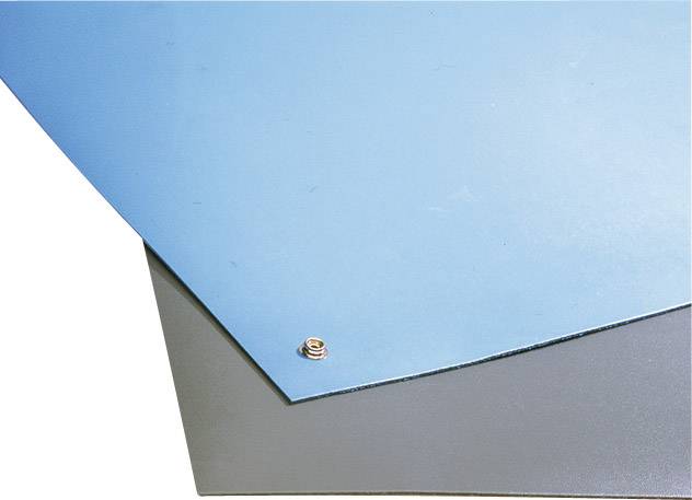 Detailansicht einer blauen und grauen Fläche, obere rechte Ecke, mit einer kleinen Schraube in der blauen Fläche sichtbar.