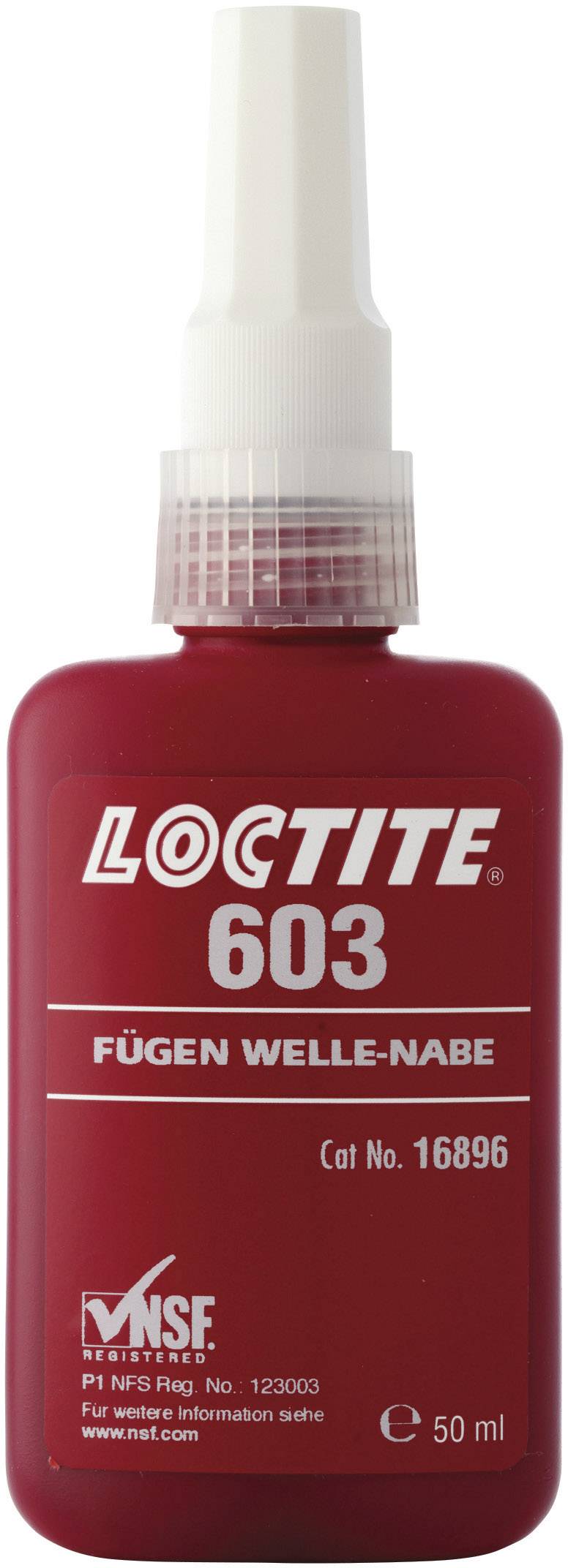 Eine rote Flasche 'Loctite 603' mit Aufschrift 'Fügen Welle-Nabe'. Enthält 50 ml.
