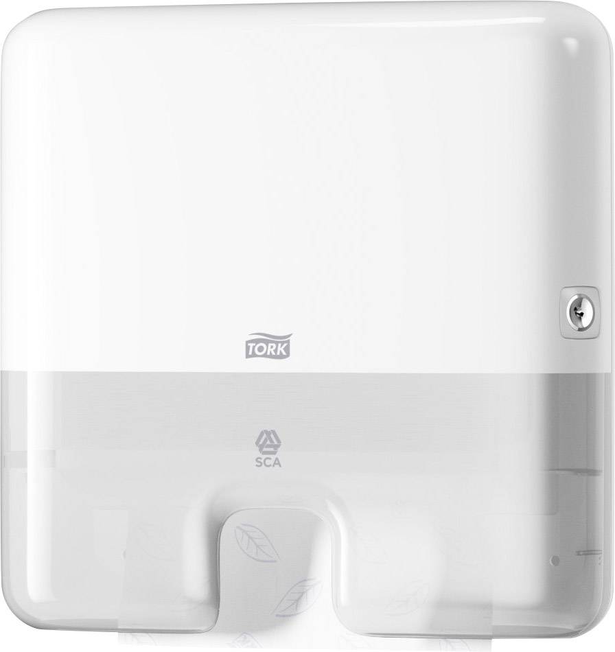 Papierhandtuchspender an einer Wand, weißes Gehäuse mit Tork-Logo, Schlüsselloch zur Sicherung.