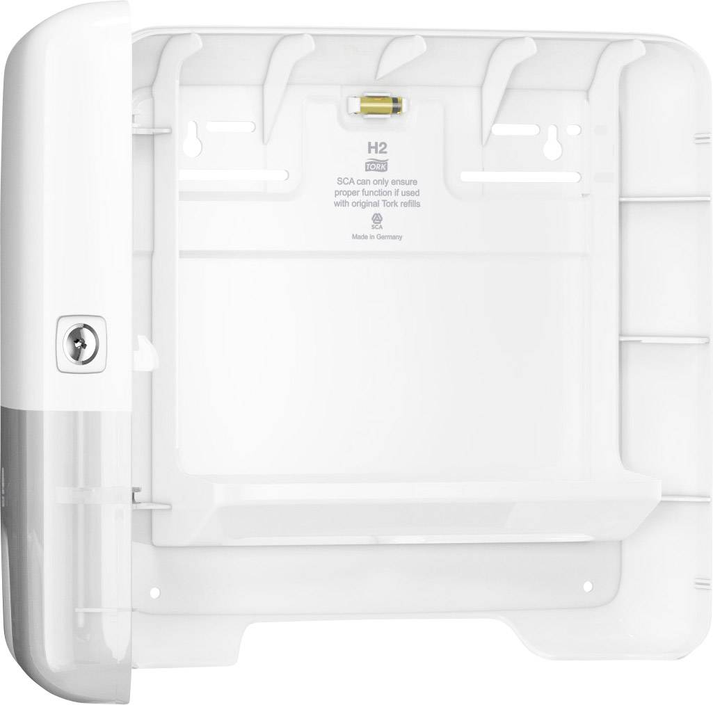 Ein geöffneter, leerer Wandspender für Toilettenpapier. Oben steht 'H2'. Es ist aus Kunststoff und wird an der Wand montiert.