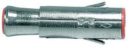Ein Metallspreizdübel mit geriffelter Oberfläche, ausgefahrenen Flügeln und rotem Ende, geeignet für Befestigungen in festen Materialien.