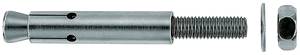 Stahlbolzen mit Gewinde und zwei Löchern, neben einer Unterlegscheibe und einer Mutter. Wird zur Befestigung von Bauteilen verwendet.