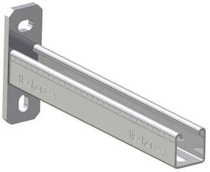 Eine Metallkonsole mit linearem Maßstab, an der Wand montierbar. Sie hat seitliche Befestigungslöcher und ist für stabile Halterungen geeignet.