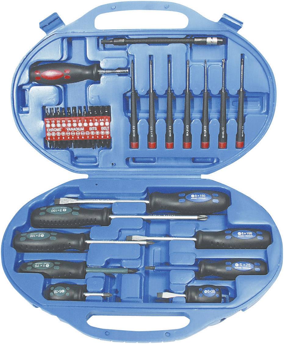 Ein blauer Koffer enthält ein 18-teiliges Schraubenzieherset mit verschiedenen Größen und Typen, ideal für Heimwerkprojekte.