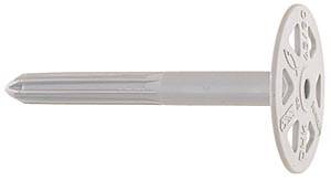 Ein weißer, runder Universaldübel mit einem flachen Kopf und einem gezackten Kunststoffschaft. Verwendet zur Befestigung in Wänden.