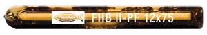 Ein zylindrischer chemischer Anker mit der Aufschrift 'FHB II-PF 12x75' und einem Fisch-Logo auf einem Hintergrund.