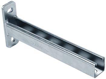 Metallwinkelträger, wandmontiert, mit einer Schiene zur Befestigung von schweren Gegenständen oder Regalen, seitliche Sicht.